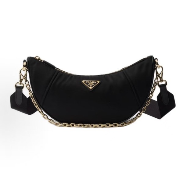 PRADA Re-Nylon Demi-lune metal hardware accessories, enamel-coated triangular metal logo, half-moon bag, single-shoulder bag for women, black